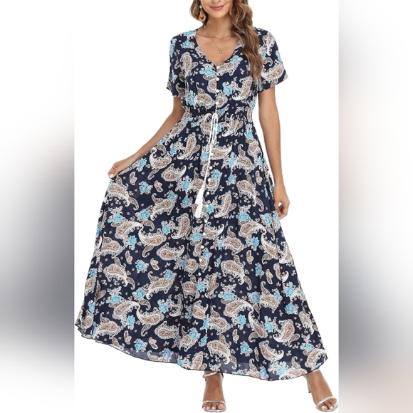 Blue Paisley Print BOHO Cottagecore Maxi Dress Tassle Tie - Picture 1 of 9